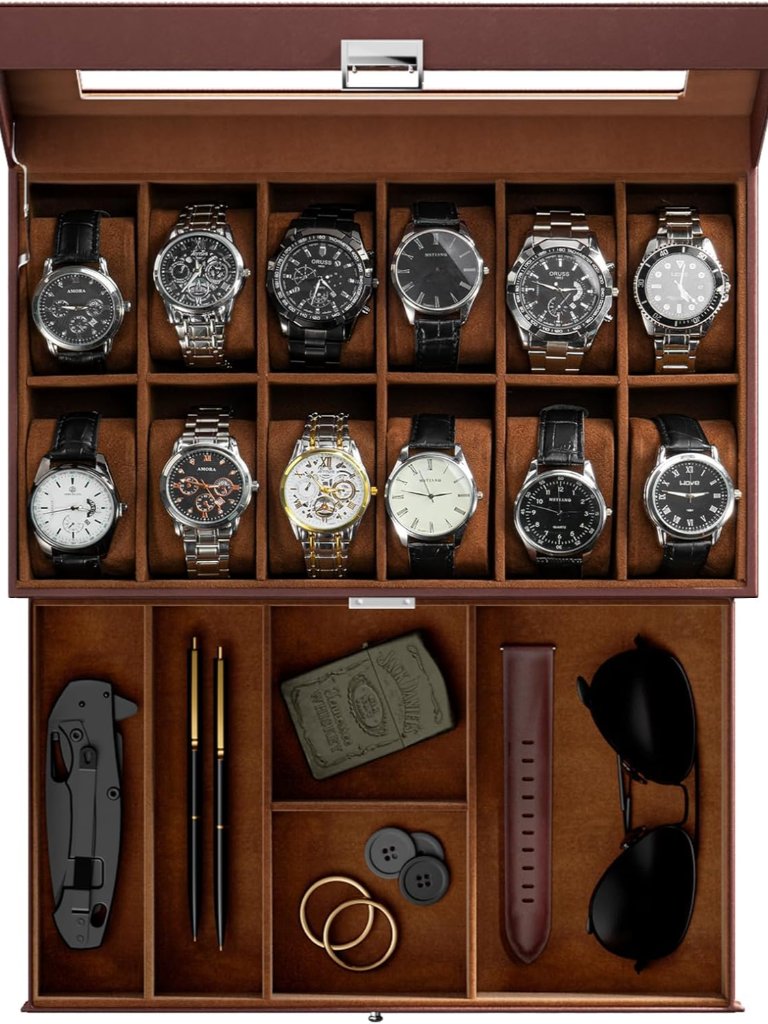 Watch Box 12 Slot Mens Watch Case With Drawer 2Layer Watch Display Case With